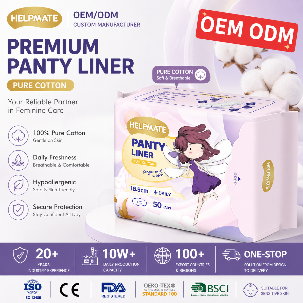 Personalização OEM ODM algodão respirável ânion macio senhora Mulher Aprendizadora Panty Liner 185mm