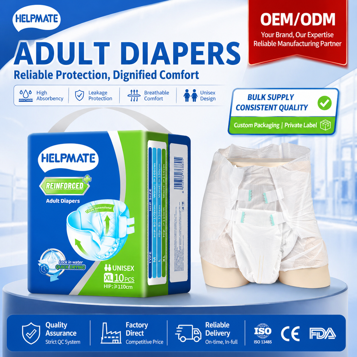 Alto tamanho respirável em todos os tamanhos de fraldas adultas geriátricas para incontinência